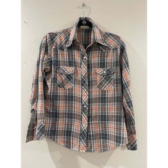 KMART WOMENS WESTERN VINTAGE BLOUSE LONG SLEEVE COLLAR PLAID - Picture 1 of 7